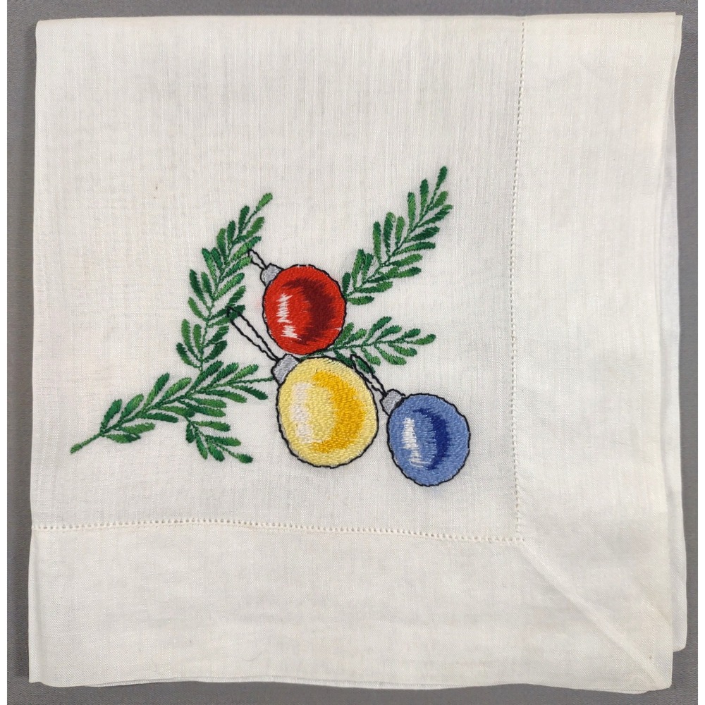 Vintage Christmas Handkerchief Embroidered Ornaments White 11.5 x 12"